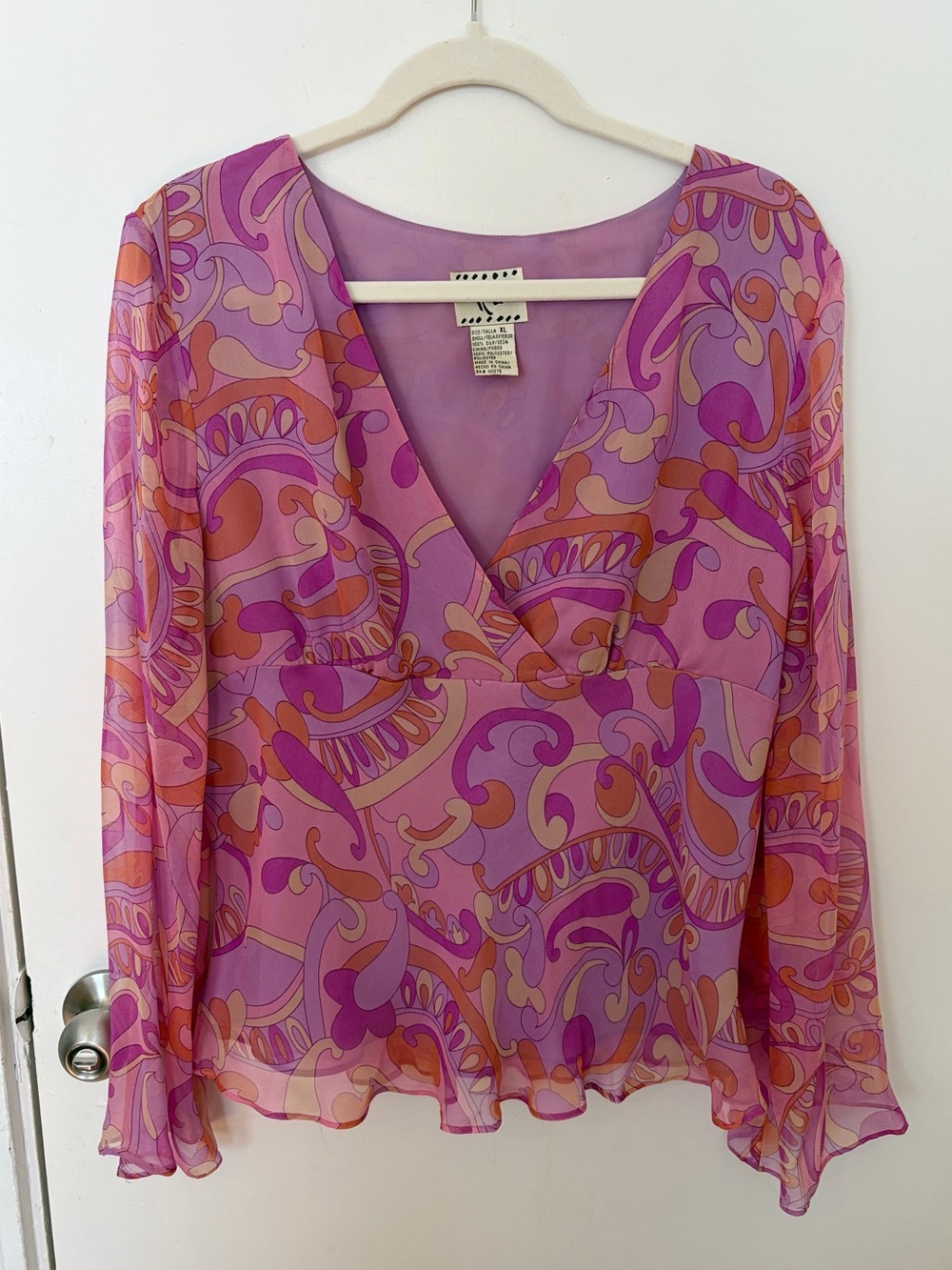 Vintage Y2K Blouse Silk Chiffon Purple/Pink/Orange Paisley Size XL bell sleeves